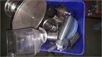 Bin of stainless steel pitchers large & small etc