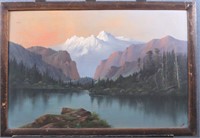 Old Oil Painting of Mountain Lake-By LOWE