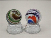 (2) Large 1.25"  Art Glass Marbles w/ Holders