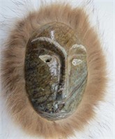 Carved Soapstone Alaskan Inuit Face w/ Fur Trim