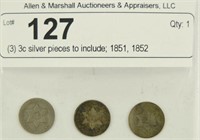 (3) 3c silver pieces to include; 1851, 1852