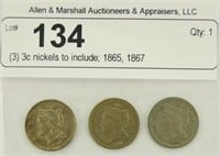 (3) 3c nickels to include; 1865, 1867