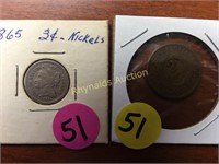 $.03 Nickel 1865, 1865 $.02 PC