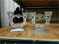 Pair vintage satin & clear double candelabras