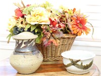 Pottery Vase & Bowl, Wicker Basket with Flowers