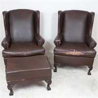 Pair of Faux Leather Wing Back Chairs & Ottoman