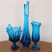 (3) Blue Glass Vases