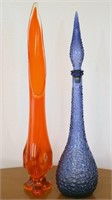 Tall Orange art Glass Vase & Tall Blue Bottle w/