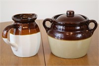 Pottery Bean Pot w/ Lid & Brown Pottery Pitcher