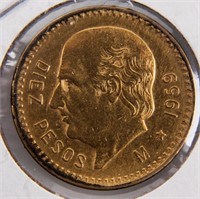 Coin 1959 Mexican Gold 10 Peso Almost Unc.