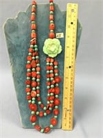 Red coral and turquoise 3-strand necklace with a m