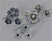 Silvertone Floral Pins And Earrings