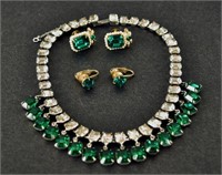 Emerald Green And Rhinestone Necklace And Earrings
