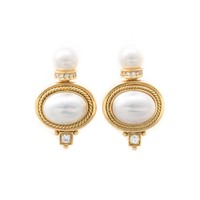 A Pair of Lady's 18K Pearl & Diamond Earrings