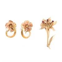 An Iris Brooch and Floral Ear Clips in 14K Gold