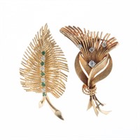 Two Gem Encrusted Brooches in 14K Gold