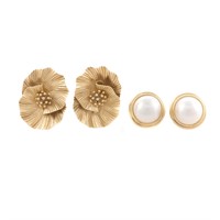 A Pair of 14K Mabe Earrings & Gold Flower Earring