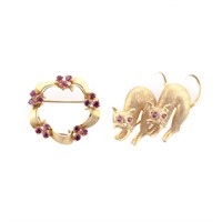 Two Lady's Brooches with Rubies in 14K Gold