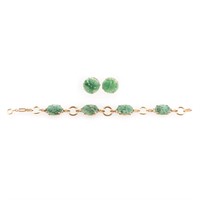 Hand Carved Jade Bracelet and Earrings in Gold