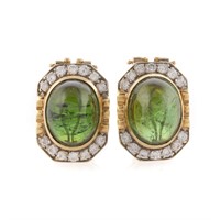 A Pair of 18K Green Tourmaline & Diamond Earrings