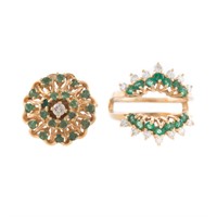 A Pair of 14K Gold Emerald and Diamond Rings