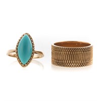 A Wide Gold Band and a Gold Turquoise Ring
