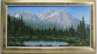 Lake & Snow Covered Mountains Signed Oil Painting