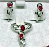 Sterling Silver Ruby Earrings, Pendant & Ring Set