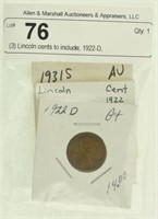 (3) Lincoln cents to include; 1922-D,