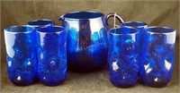 Vintage Blenko Blue Glass Pitcher & Glasses Set