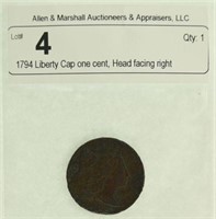 1794 Liberty Cap one cent, Head facing right