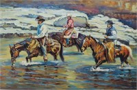Cowboys Crossing River SIGNED Western Oil Painting