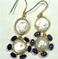 Silver & Gold Plated Tanzanite & Pearl Earrings