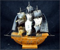 Vintage Wood & Horn Crafted 11" Sailing Ship
