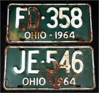 2 Vintage Ohio 1964 Metal License Plates