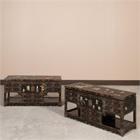 Pair Oriental Lacquered Cabinets with Stone Inlay