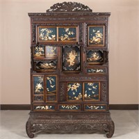 Heavily Carved Chinese Etagere with Inlaid Panels