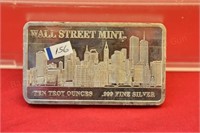 (10) Troy oz. Silver Bar Rare Wall St. Mint