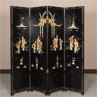 Four Panel Oriental Lacquer and Hardstone Screen