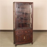 Carved Two Piece Teak Chinese Curio Cabinet