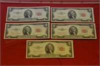 (5) 1953 unc/con# Two Dollar Red Seal Notes