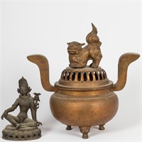 Gilt Iron Chinese Foo Dog Urn and Indian Figure
