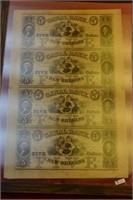 4 1800's Five Dollar Notes unc, uncut framed set