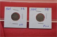 (2) Three Cent Nickels 1865 VG, 1868 VF