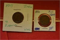 (2) Indian Head Cents 1893 unc 4 diamonds,