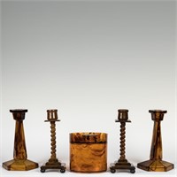 Group of Faux Tortoise Candle Sticks and Box