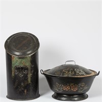 Tole Coal Scuttle and Tole Covered Bowl