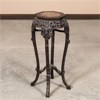 Carved Chinese Octagonal Teak and Marble Stand