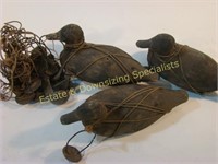 Set of Three Wooden Duck Decoys and Weights/String
