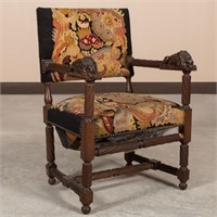 Carved Needlepoint Armchair with Lion Carved Arms
